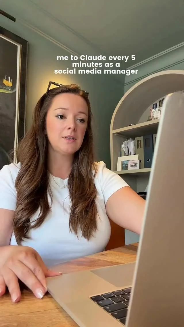 A social media manager at her laptop in an office, with a caption joking about asking Claude every five minutes